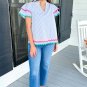 Sky Blue Stripe Ricrac Trim Split Neck Striped Ruffled Sleeve Blouse