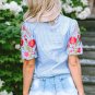 Light Blue Gingham Floral Embroidered Puff Sleeve Blouse