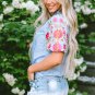 Light Blue Gingham Floral Embroidered Puff Sleeve Blouse