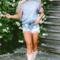 Light Blue Gingham Floral Embroidered Puff Sleeve Blouse