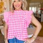 Rose Red Checkered Ruffled Sleeve Frilled Neck Blouse