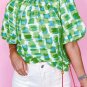 Green Abstract Print Button Back Ruffled High Neck Blouse