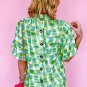 Green Abstract Print Button Back Ruffled High Neck Blouse