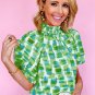 Green Abstract Print Button Back Ruffled High Neck Blouse