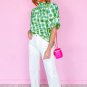 Green Abstract Print Button Back Ruffled High Neck Blouse