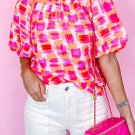 Pink Abstract Print Button Back Ruffed High Neck Blouse