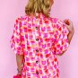 Pink Abstract Print Button Back Ruffed High Neck Blouse