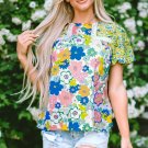 Green Bubble Sleeve Lace Trim Floral Mixed Print Blouse