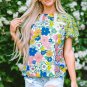 Green Bubble Sleeve Lace Trim Floral Mixed Print Blouse