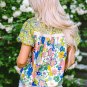 Green Bubble Sleeve Lace Trim Floral Mixed Print Blouse