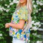 Green Bubble Sleeve Lace Trim Floral Mixed Print Blouse