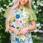 Green Bubble Sleeve Lace Trim Floral Mixed Print Blouse