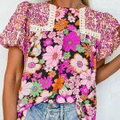 Rose Red Bubble Sleeve Lace Trim Floral Mixed Print Blouse