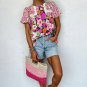 Rose Red Bubble Sleeve Lace Trim Floral Mixed Print Blouse