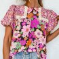 Rose Red Bubble Sleeve Lace Trim Floral Mixed Print Blouse