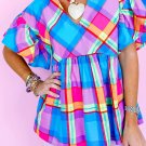 Sky Blue Colorful Plaid V Neck Ruffled Short Sleeve Babydoll Top