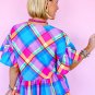 Sky Blue Colorful Plaid V Neck Ruffled Short Sleeve Babydoll Top