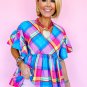 Sky Blue Colorful Plaid V Neck Ruffled Short Sleeve Babydoll Top