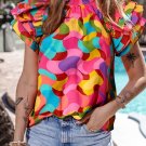 Rose Red Dramatic Ruffle Sleeve Smock Neck Wavy Print Top