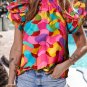 Rose Red Dramatic Ruffle Sleeve Smock Neck Wavy Print Top