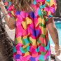 Rose Red Dramatic Ruffle Sleeve Smock Neck Wavy Print Top