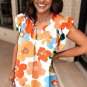 Orange Floral Notched V Neck Ruffled Sleeve Blouse