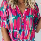 Rose Abstract Brushwork Print Buttoned V Neck Blouse