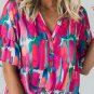 Rose Abstract Brushwork Print Buttoned V Neck Blouse