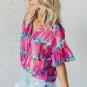 Rose Abstract Brushwork Print Buttoned V Neck Blouse