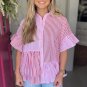 Pink Stripe Striped Patchwork Ruffled Hem Button up Shirt
