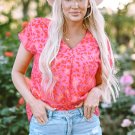 Pink Leopard V Neck Short Sleeve Blouse