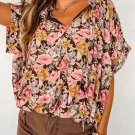 Pink Floral Print Bubble Hem Split Neck Blouse
