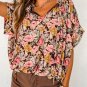 Pink Floral Print Bubble Hem Split Neck Blouse