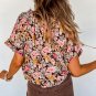 Pink Floral Print Bubble Hem Split Neck Blouse