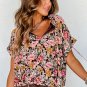 Pink Floral Print Bubble Hem Split Neck Blouse