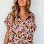 Pink Floral Print Bubble Hem Split Neck Blouse