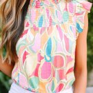 Yellow Abstract Print Smocked Collar Ruffled Sleeve Blouse