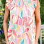 Yellow Abstract Print Smocked Collar Ruffled Sleeve Blouse