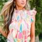 Yellow Abstract Print Smocked Collar Ruffled Sleeve Blouse