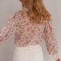 Pink Floral Print Bishop Sleeve Collared V Neck Shirt
