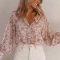 Pink Floral Print Bishop Sleeve Collared V Neck Shirt