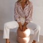 Pink Floral Print Bishop Sleeve Collared V Neck Shirt