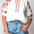 White Floral Embroidered Ricrac Puff Sleeve Textured Blouse