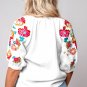 White Floral Embroidered Ricrac Puff Sleeve Textured Blouse