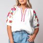 White Floral Embroidered Ricrac Puff Sleeve Textured Blouse