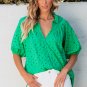 Green Flower Embroidered Hollow out Puff Sleeve Blouse