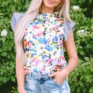 Light Blue Floral Print Striped Ruffled Sleeve Blouse