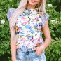 Light Blue Floral Print Striped Ruffled Sleeve Blouse