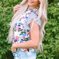 Light Blue Floral Print Striped Ruffled Sleeve Blouse