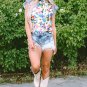 Light Blue Floral Print Striped Ruffled Sleeve Blouse